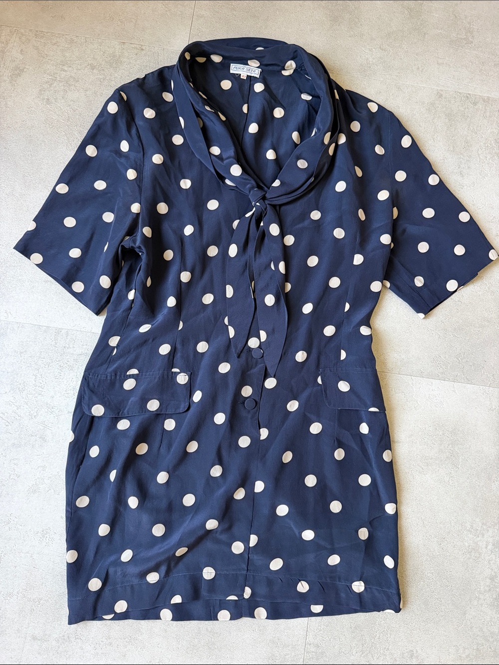 Polka Dot Tie-Neck Mini Dress - Navy/White